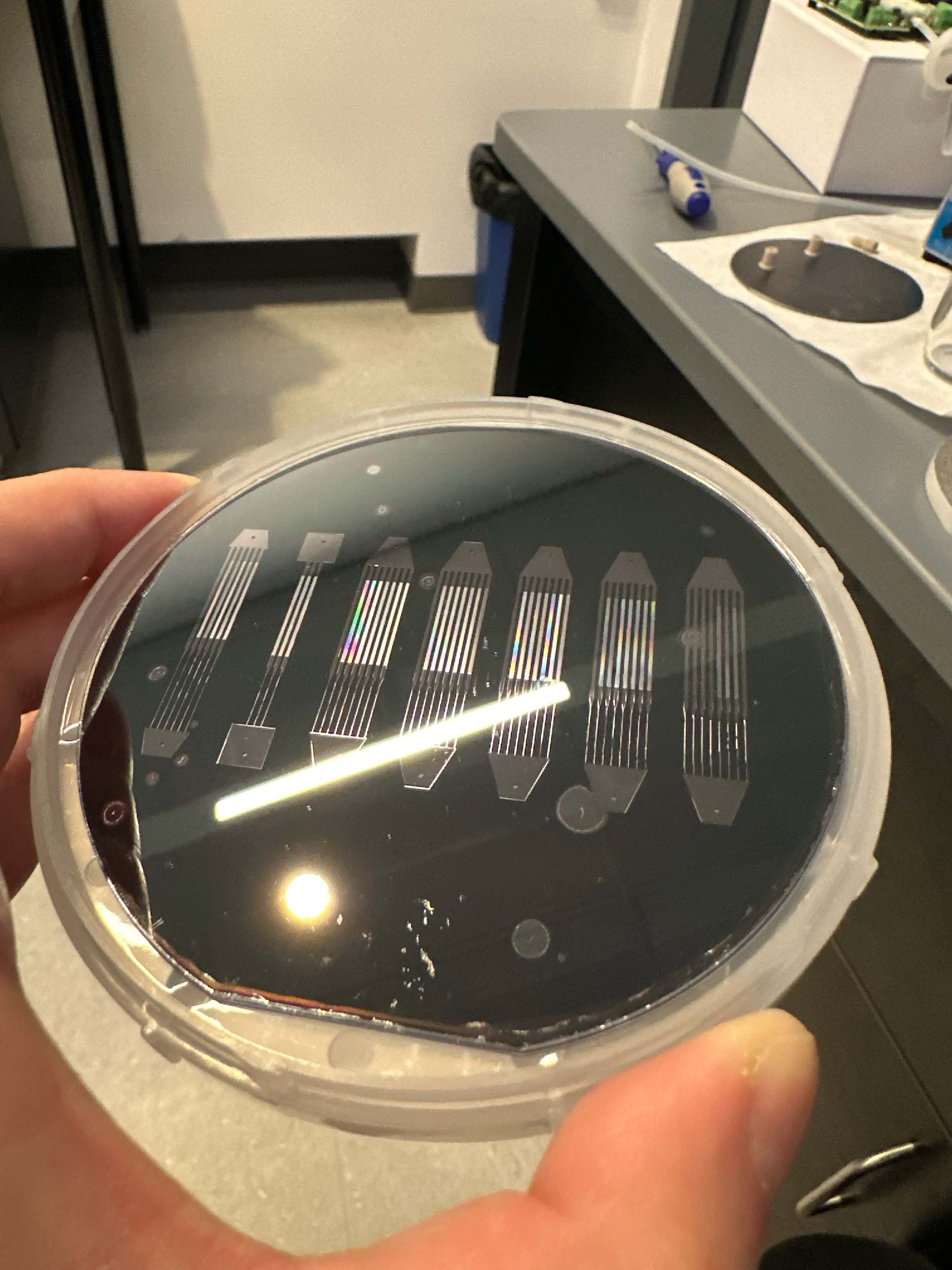 Fabricated device wafer held in a protective dish